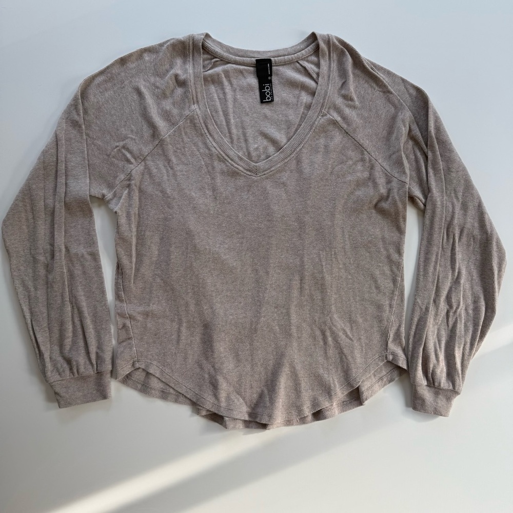 Bobi Los Angeles~Top~Women’s S~Tan~Raglan Long Sleeve~V Neck~Relaxed Fit~Ribbed